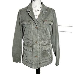 Anthropologie Olive Green Military Jacket Womens Small Button Boho Chore Utility